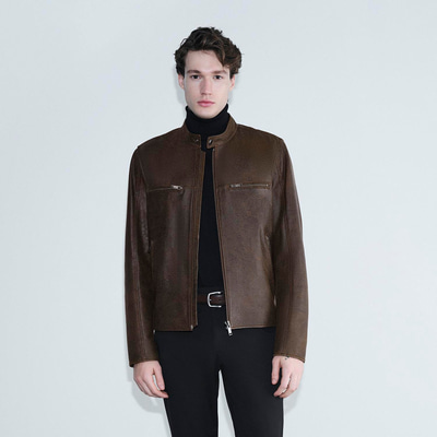 Erkek Kahve Hakim Yakalı Fit Deri Ceket