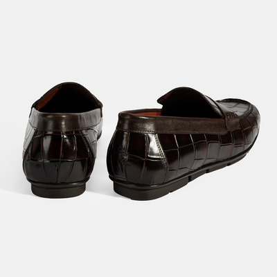 Erkek Kahve Kroko Baskılı Deri Loafer