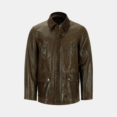 Erkek Koyu Yeşil Gömlek Yakalı Deri Mont