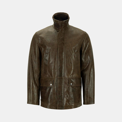 Erkek Koyu Yeşil Gömlek Yakalı Deri Mont