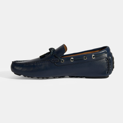 Erkek Lacivert Bağcık Detaylı Slip-On Deri Loafer