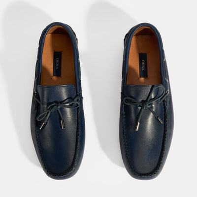 Erkek Lacivert Bağcık Detaylı Slip-On Deri Loafer