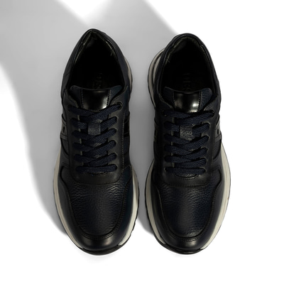 Erkek Lacivert Bağcıklı Deri Sneaker