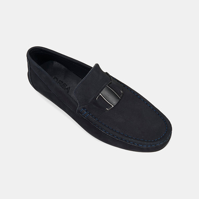 Erkek Lacivert Metal Aksesuarlı Nubuk Deri Loafer