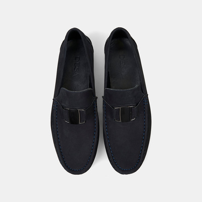 Erkek Lacivert Metal Aksesuarlı Nubuk Deri Loafer