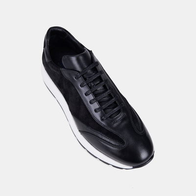 Erkek Siyah Bağcıklı Süet Detaylı Deri Sneaker