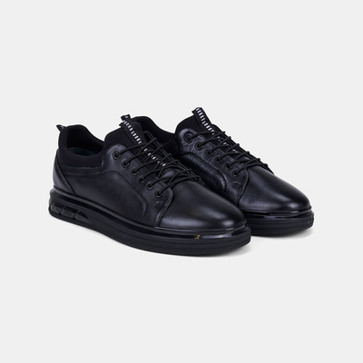 Erkek Siyah Lastik Bağcıklı Deri Sneaker
