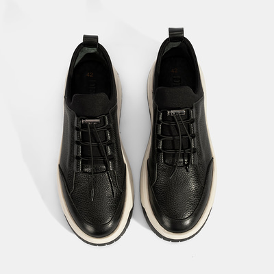 Erkek Siyah Lastik Bağcıklı Deri Sneaker