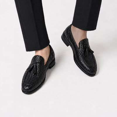 Erkek Siyah Örgü Desenli Püsküllü Deri Loafer