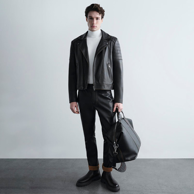 Erkek Siyah Vintage Deri Biker Ceket