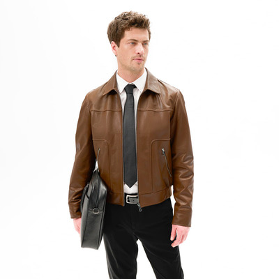 Erkek Taba Fermuarlı Gömlek Yaka Deri Ceket