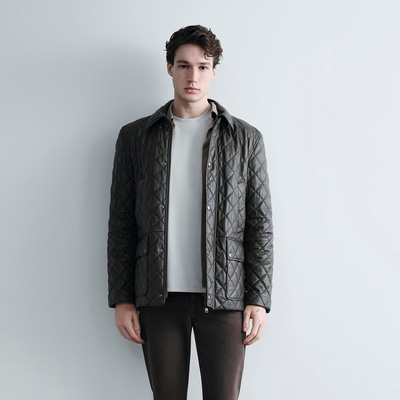 Erkek Yeşil Gömlek Yakalı Kapitoneli Deri Mont