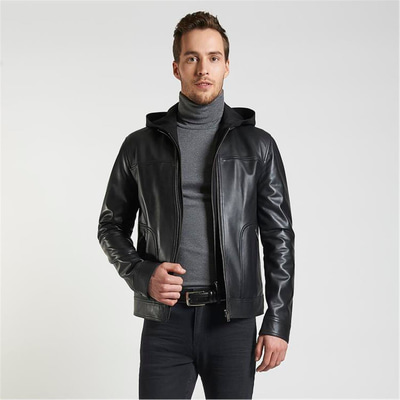 Eugenio Siyah Erkek Deri Kapüşonlu Mont