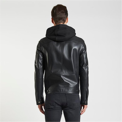 Eugenio Siyah Erkek Deri Kapüşonlu Mont