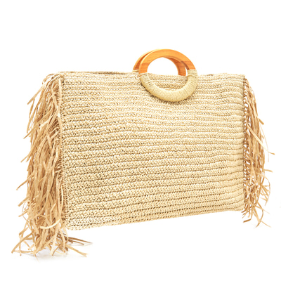 Fringie Bej Kadın Hasır El Çantası 