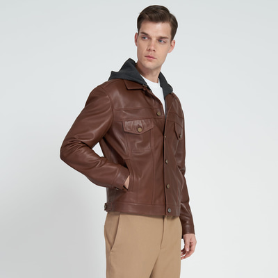 Giosue Kahve Erkek Kapüşonlu Deri Ceket