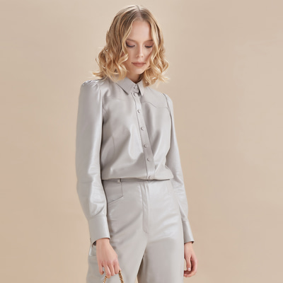 Gri Giolla Kadın Deri Gömlek