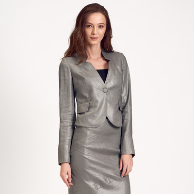 Gümüş Kısa Keten Kadın Ceket