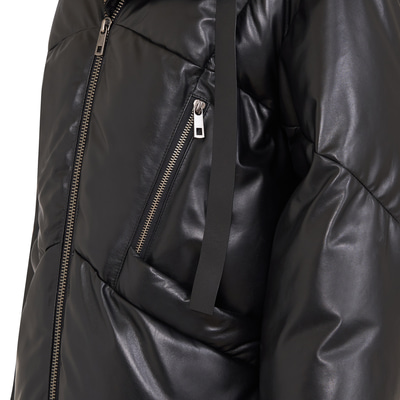 Julie Siyah Kadın Kapüşonlu Puffer Deri Mont