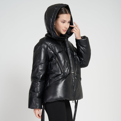 Julie Siyah Kadın Kapüşonlu Puffer Deri Mont