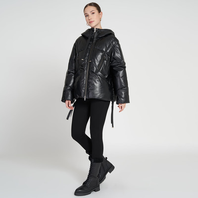 Julie Siyah Kadın Kapüşonlu Puffer Deri Mont