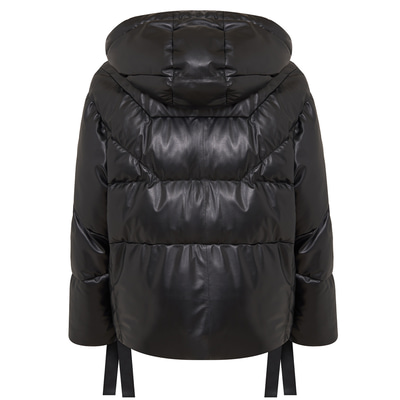 Julie Siyah Kadın Kapüşonlu Puffer Deri Mont
