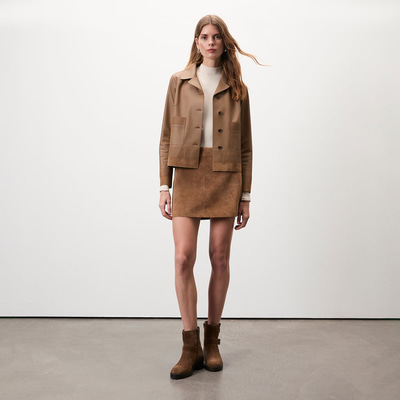 Kadın Açık Kahve Kısa Gömlek Yaka Deri Ceket