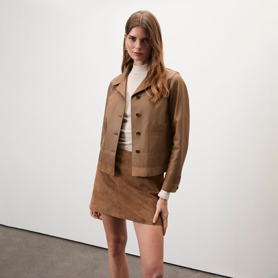 Kadın Açık Kahve Kısa Gömlek Yaka Deri Ceket