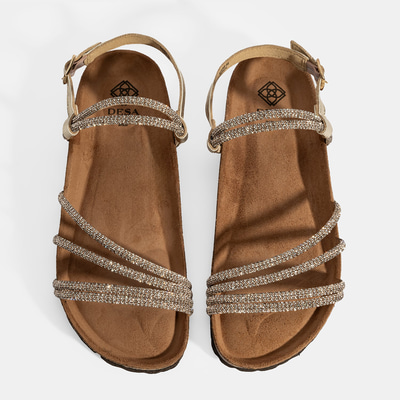 Kadın Altın Ayarlanabilir Tokalı Taş Detaylı Sandalet