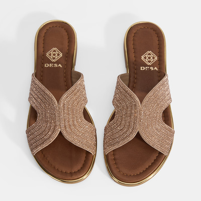 Kadın Altın Taş Detaylı Deri Terlik