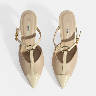 Kadın Bej Halka Aksesuarlı Deri Abiye Topuklu Terlik