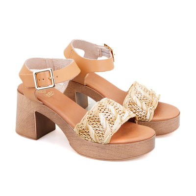 Kadın Bej Hasır Topuklu Deri Sandalet