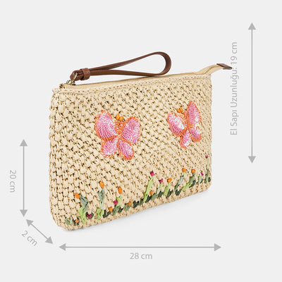 Kadın Bej Kelebek Detaylı Hasır Clutch Çanta