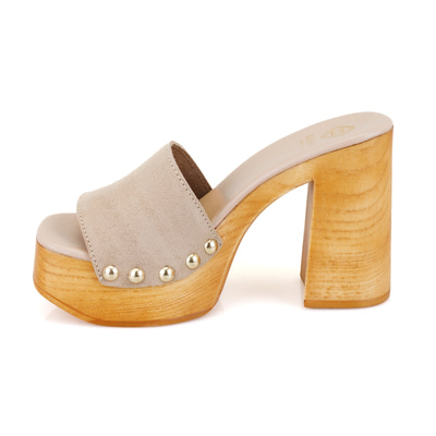 Kadın Bej Platform Topuklu Süet Deri Terlik