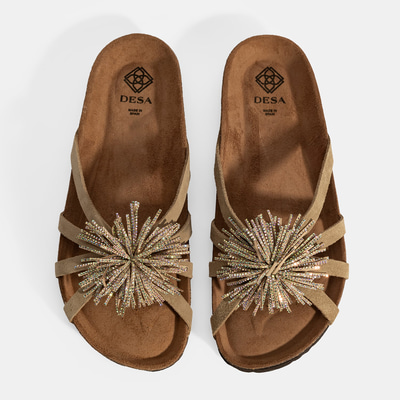 Kadın Bej Taş Detaylı Süet Terlik