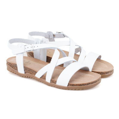 Kadın Beyaz Ayarlanabilir Tokalı Deri Sandalet