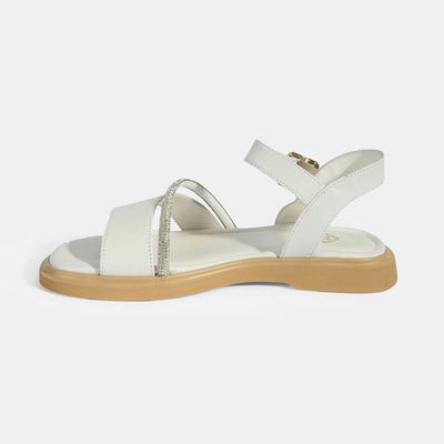 Kadın Beyaz Ayarlanabilir Tokalı Taş Detaylı Deri Sandalet