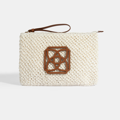 Kadın Beyaz Deri Detaylı Hasır El Çantası