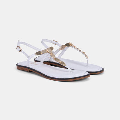 Kadın Beyaz Gold Toka Aksesuarlı Parmak Arası Deri Sandalet