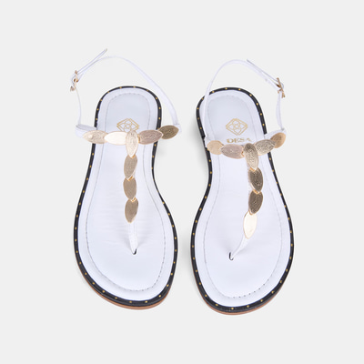 Kadın Beyaz Gold Toka Aksesuarlı Parmak Arası Deri Sandalet