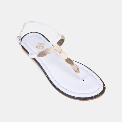 Kadın Beyaz Gold Toka Aksesuarlı Parmak Arası Deri Sandalet