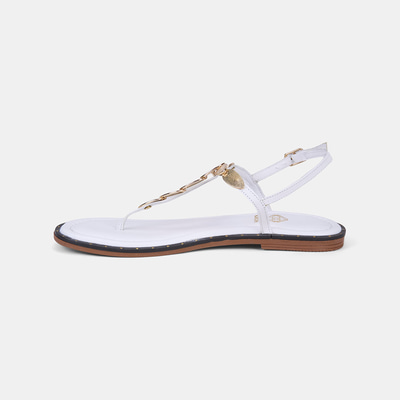 Kadın Beyaz Gold Toka Aksesuarlı Parmak Arası Deri Sandalet