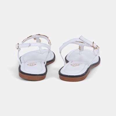 Kadın Beyaz Gold Toka Aksesuarlı Parmak Arası Deri Sandalet