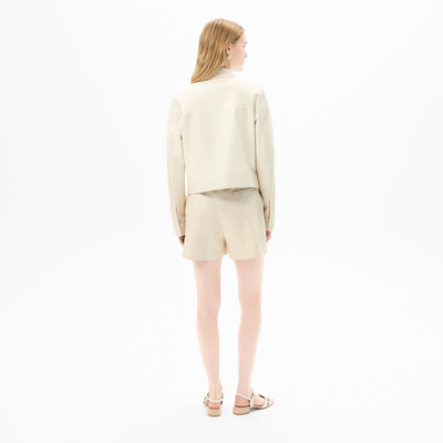 Kadın Beyaz Gömlek Yaka Örmeli Deri Ceket