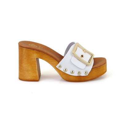 Kadın Beyaz Topuklu Deri Terlik