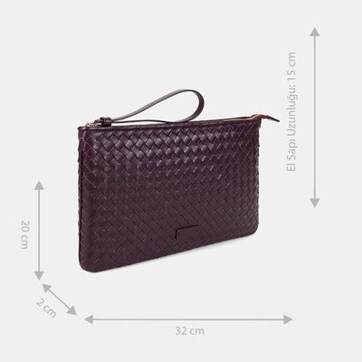 Kadın Bordo El Örgüsü Deri Clutch