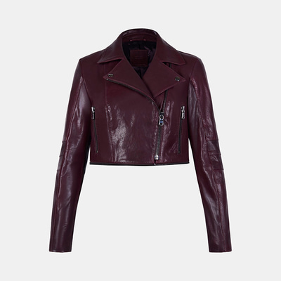 Kadın Bordo Gömlek Yakalı Çift Boy Kullanımlı Biker Deri Ceket