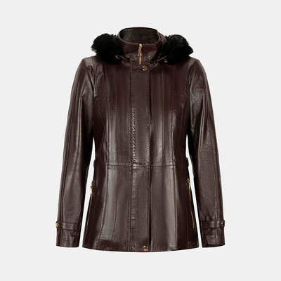 Kadın Bordo Kapüşonlu Deri Mont