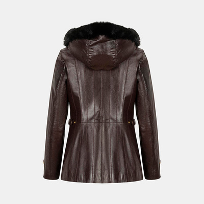 Kadın Bordo Kapüşonlu Deri Mont