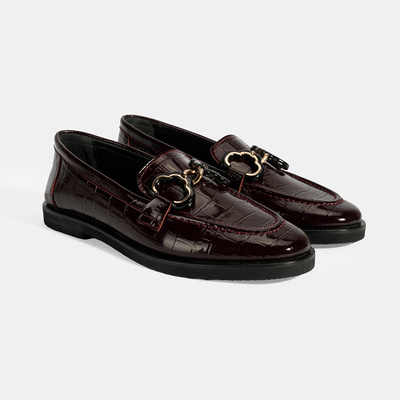 Kadın Bordo Kroko Baskılı Toka Detaylı Deri Loafer